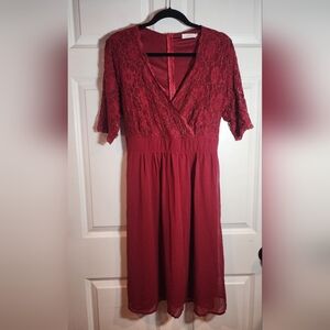 Pinup Fashion Elegant Lace V‑Neck Belted Knee Length Dress in Deep Red 16W